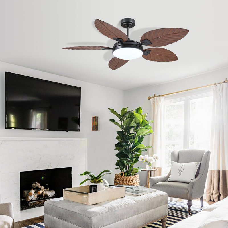 Ventilateurs de plafond 52 "à feuilles de palmier tropicales avec lumières et télécommande, Brun