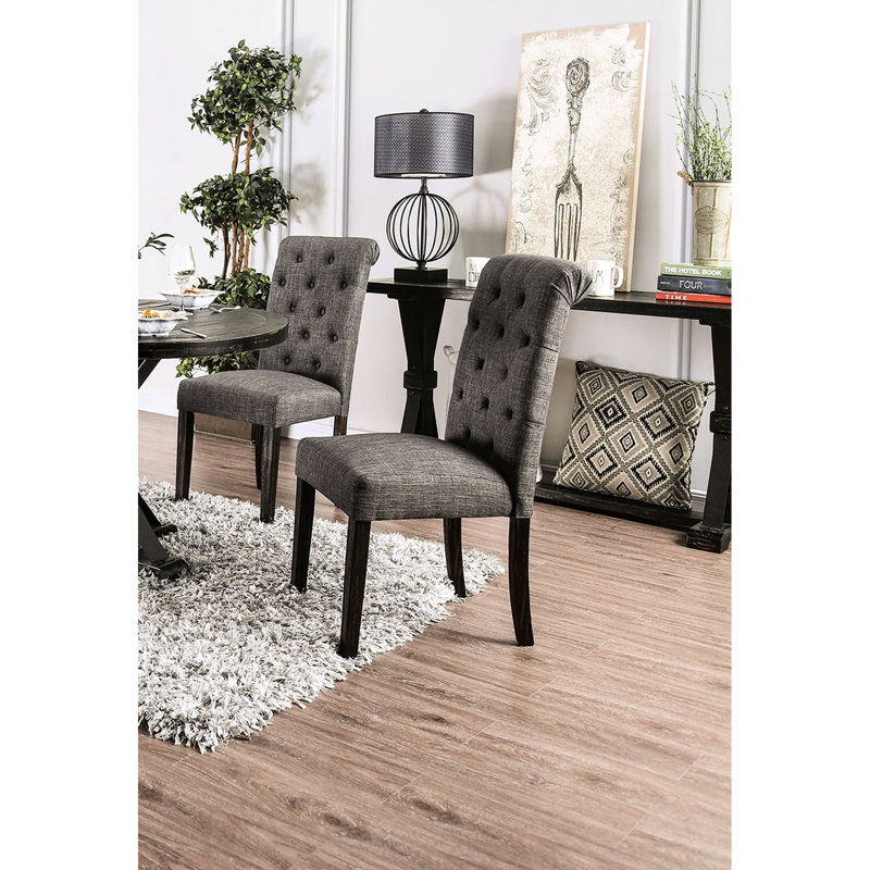 Chaises de salle à manger rustiques, bois massif avec tissu semblable au lin, dossier à boutons, fabrication noir / gris antique, style