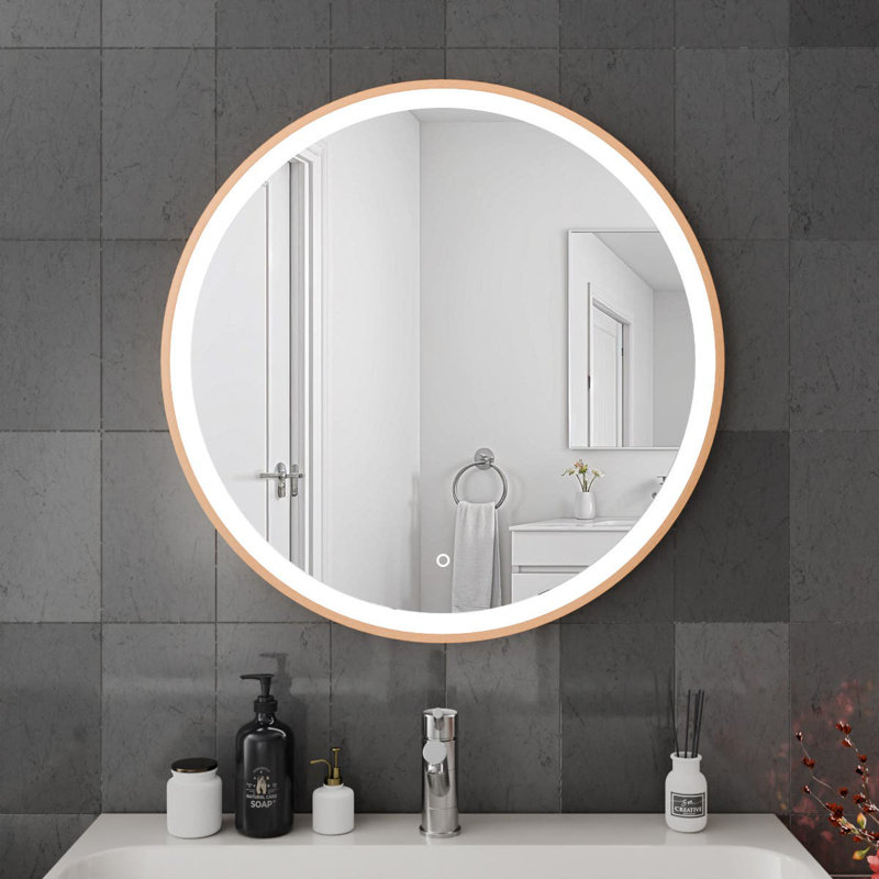 Round LED Bathroom Mirror Fog Free Touch Sensor, 80 cm H x 80 cm W, Brushed Copper