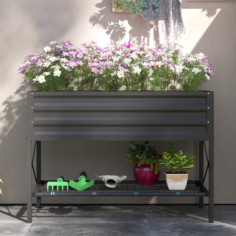 Raised Garden Bed with Galvanized Steel Frame, Storage Shelf and Bed Liner, Elevated Planter Box with Legs for Vegetables, Flowers, Herbs