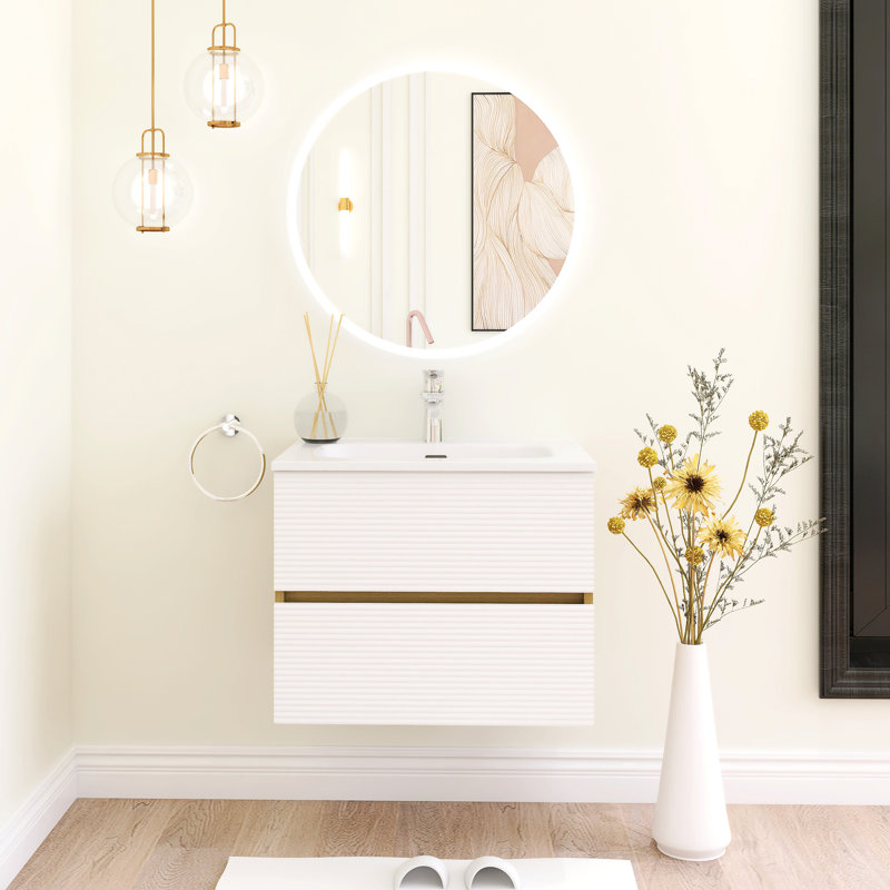 Meuble-lavabo mural à rayures horizontales avec lavabo en céramique intégré blanc, Blanc / chêne naturel, 24"