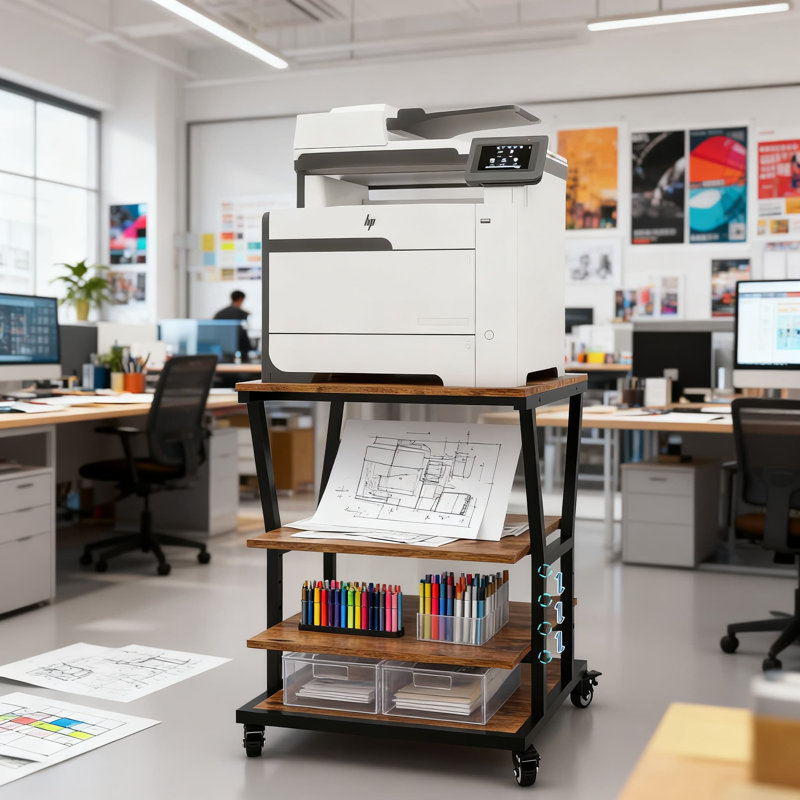 Support pour imprimante robuste à 3 niveaux avec roulettes verrouillables, grande tablette de rangement réglable pour imprimantes de bureau, copieurs et imprimantes 3D, chariot roulant polyvalent