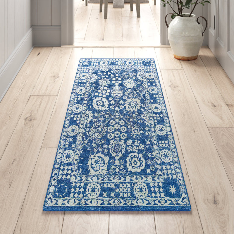 Cece Oriental Handmade Tufted Wool Blue/White Area Rug, Runner 2'3" x 8'