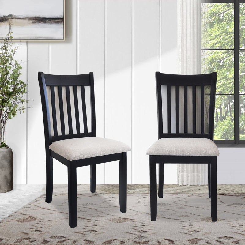 Black Upholstered Wooden Slat Back Dining Chairs, Set of 2