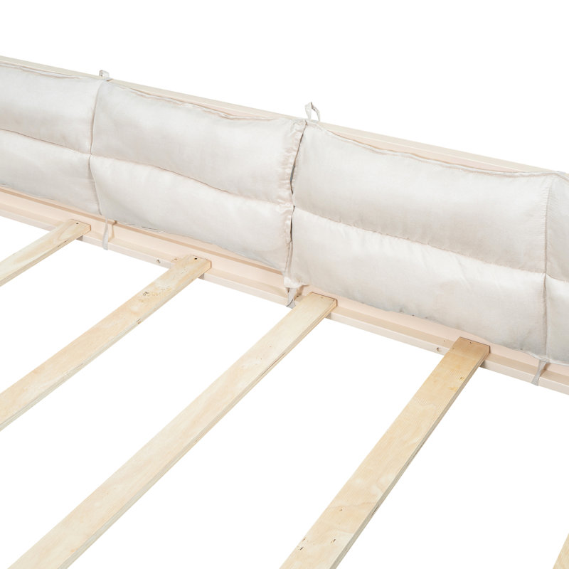 Beige Platform Bed With Guardrail And Relaxing Pillow - Construction Upholstered In Snug Strong Wood Structure, Beige