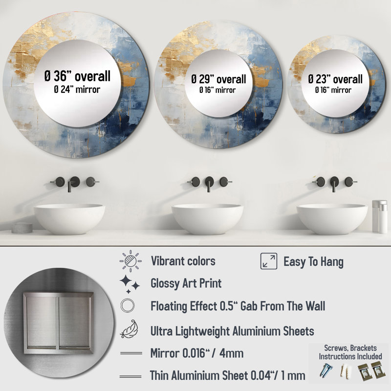Rosezina beige and gold simple winter landscape - Winter Landscape Unique Wall Mirror Decor, Beige Large Round Mirror, Printed Metal Art