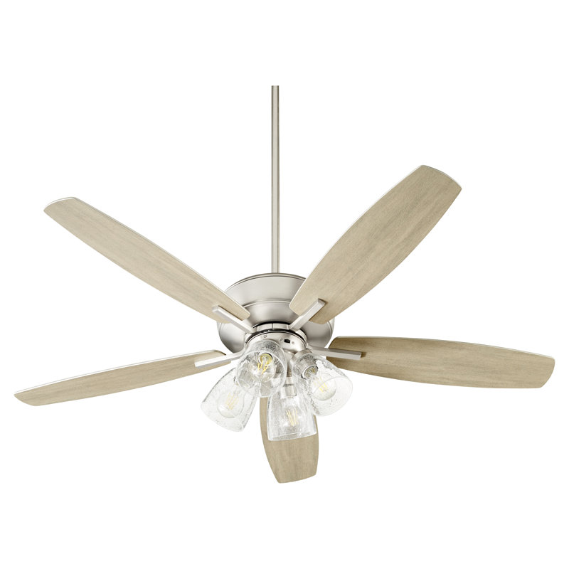 Ventilateur de plafond standard à 5 pales 52 po avec chaîne de traction et ensemble d'éclairage inclus, Nickel satiné