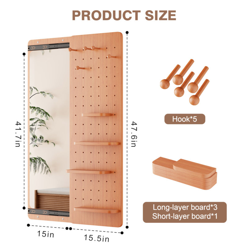 Miroir mural pleine longueur, miroir corps entier avec tablette, miroir corps entier avec crochet Miroir mural avec panneau multifonctionnel, cerisier pour chambre / salon / entrée (47,6 x 15,7 po)
