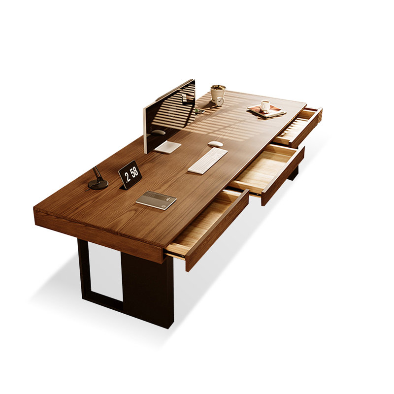 Bureau brun et noir en bois massif rectangulaire avec fer à 3 tiroirs