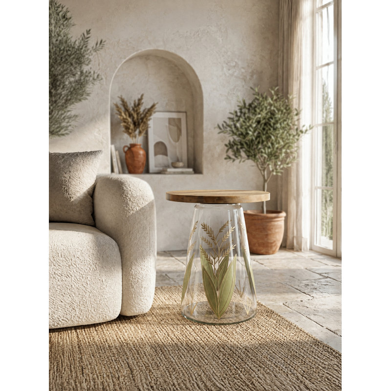 Table d'appoint ronde en verre de 40,6 x 44,5 cm avec dessus en bois et piètement peint à la main