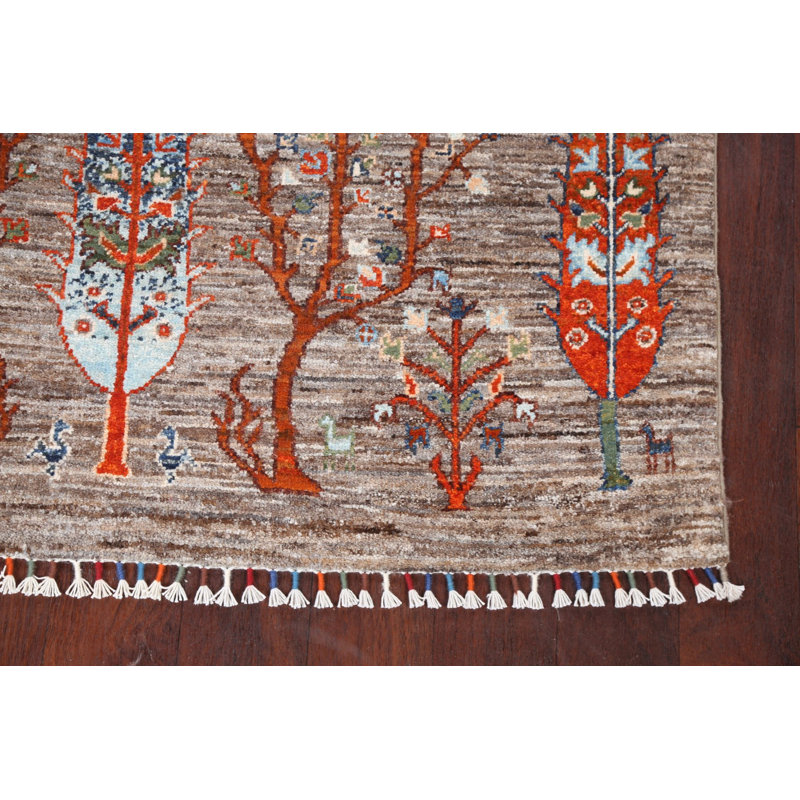 Tapis gris en laine noué à la main de conception unique 4 pi 1 po x 5 pi 10 po Lunda