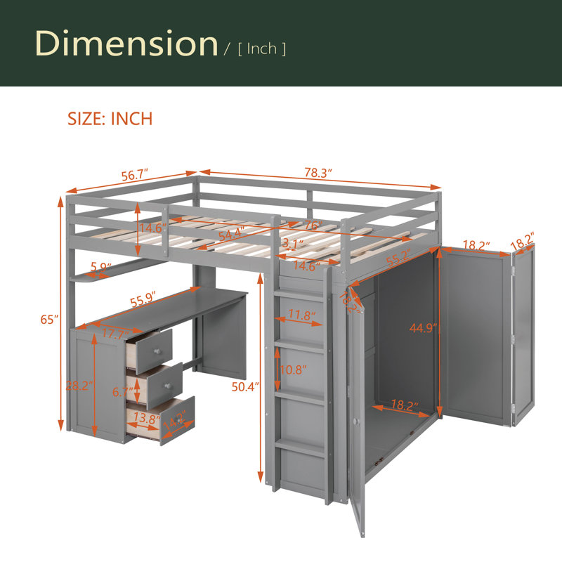 Lit mezzanine avec tiroirs, bureau et garde-robe, Gris, Lit double