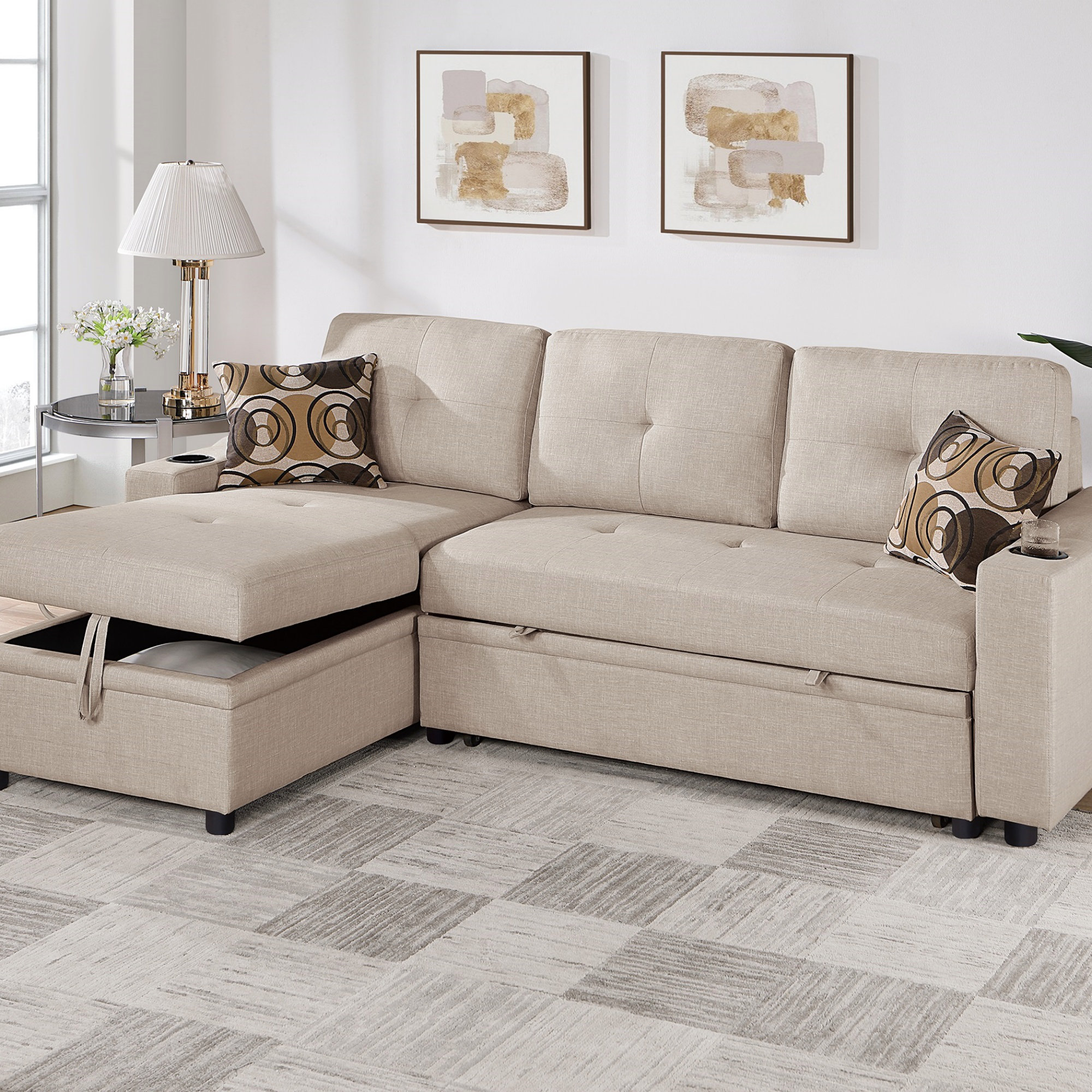 Latitude Run® Beige Dorris Fabric Convertible Sectional Sofa Pull Out ...