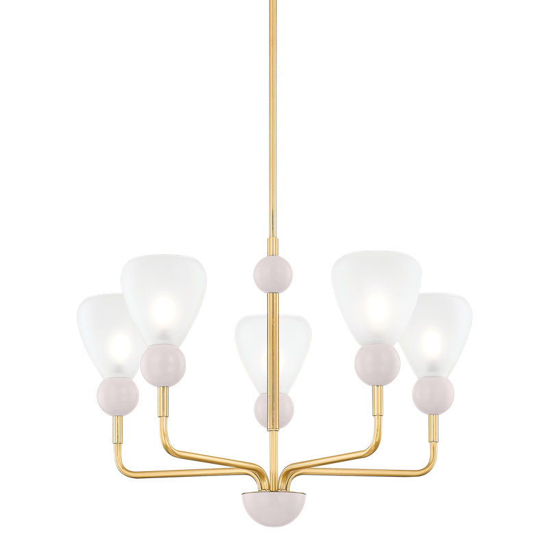 Aged Brass and Soft Peignoir 5-Light Chandelier with Etched Matte Glass