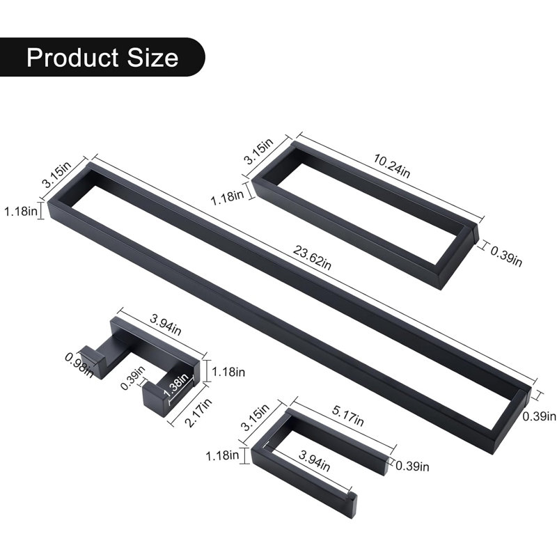 Matte Black Towel Bar Set - 4-Piece Bathroom Hardware Accessories With 304 Stainless Steel Wall Mounted Towel Rack