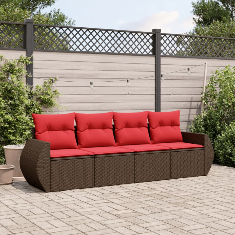 5 Piece Patio Sofa Set With Cushions Poly Rattan, Red Cushion/Brown Frame