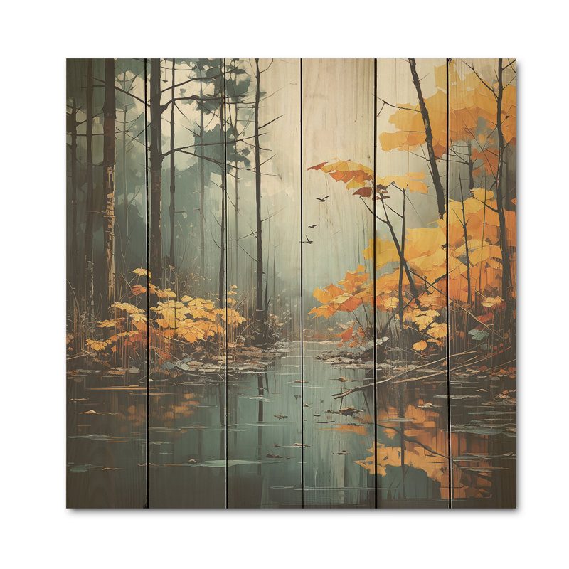 Forêt d'automne «Solitude I», art mural sur bois de pin naturel, H 15 po x l 15 po
