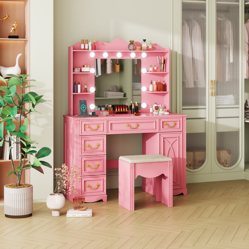 Ensemble de coiffeuse à 6 tiroirs avec miroir DEL et prises électriques, Rose