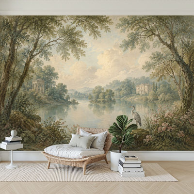 Papier peint adhésif autocollant Tranquil Lake Scene Heron Trees Vintage Pastoral