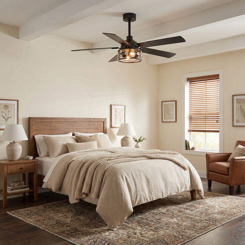 52'' Ceiling Fan with Light and Remote, 5-Blade Fan with Decorative Cage Glass Shade, Quiet Reversible DC Motor, 6 Speeds, Matte Black