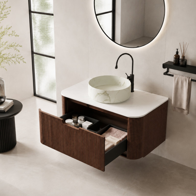 Meuble-lavabo mural simple 36 po avec comptoir en pierre artificielle et lavabo vasque en céramique 36 po