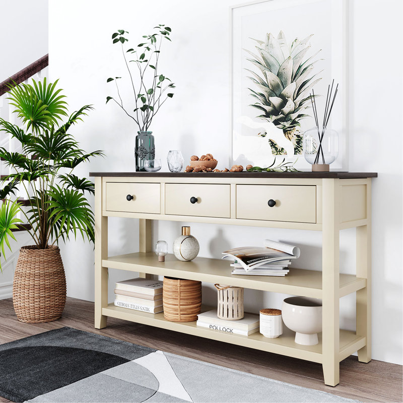 Console rétro avec deux tablettes ouvertes, structure en bois de pin massif et pieds pour le salon, Beige/Espresso