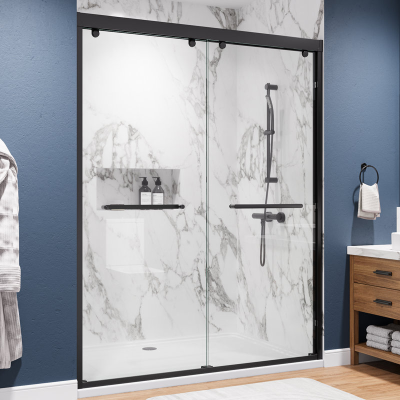 56"-60" W x 76" H Double Sliding Framed Shower Door with 5/16" Tempered Glass, Stainless Steel Accessories, Mattle Black