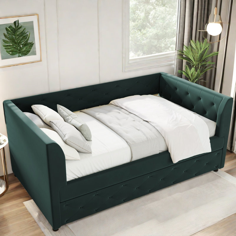 Ledley Upholstered Velvet Daybed with Trundle, Storage Pockets and Button Tufted Design, Green