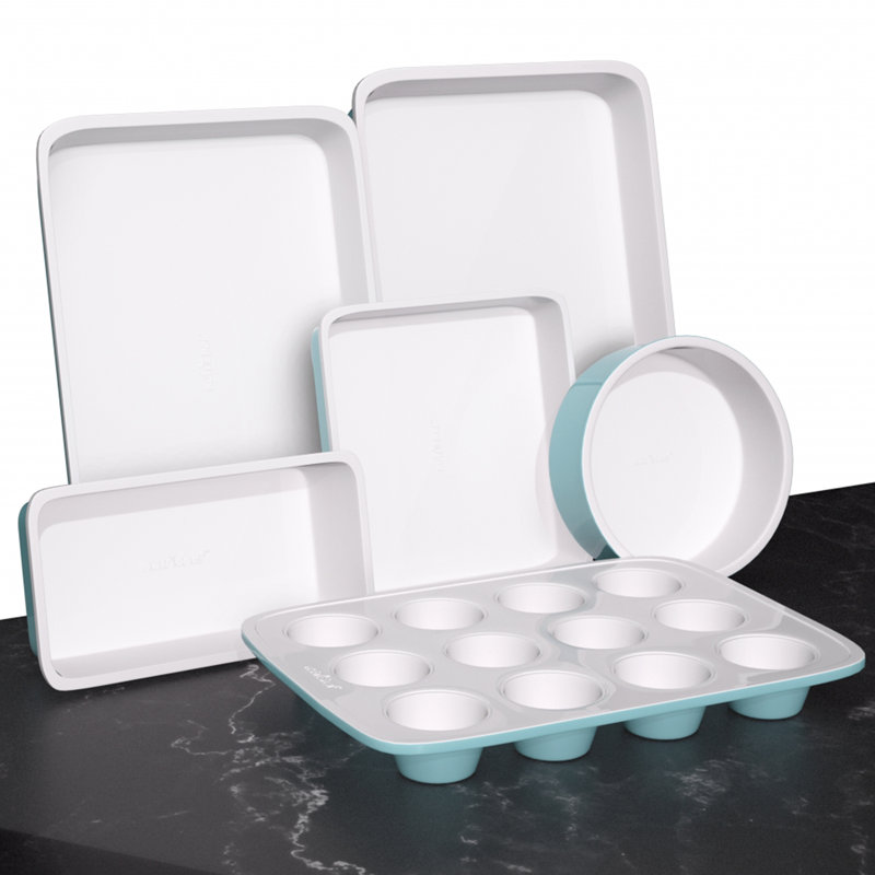 NutriChef 6-Piece Turquoise and White Ceramic Baking Pan Set