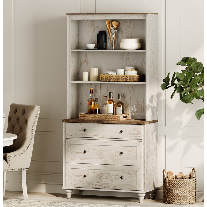 Garde-manger de 72 po avec huche de bar, huche de salle à manger avec 3 tiroirs et tablettes réglables, rangement pour garde-manger pour cuisine, salon, bureau personnel, blanc rustique