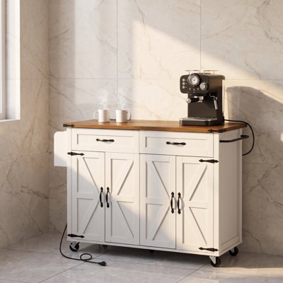 54 Inch Farmhouse Rolling Kitchen Island with Drop Leaf and Power Outlet