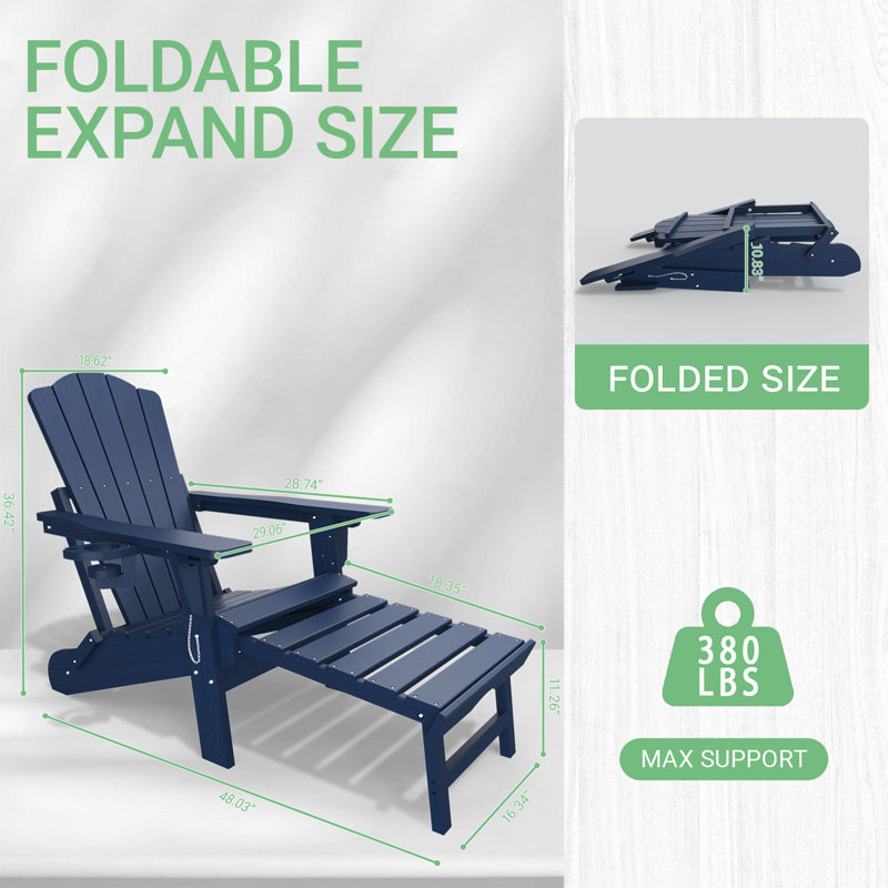Dareona Pakkdiarie Folding Adirondack Chair with Retractable Ottoman, Outdoor HDPE Reclining Adirondack Chair with Cup Holder for Patios,Lawn,Backyard