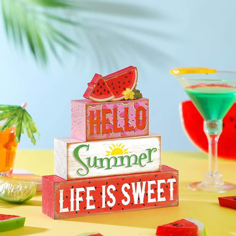 Ensemble de 4 plateaux décoratifs de style pastèque à 4 niveaux, "Life Is Sweet", en bois, pile de livres et centre de table pour la cheminée, la tablette et la décoration intérieure