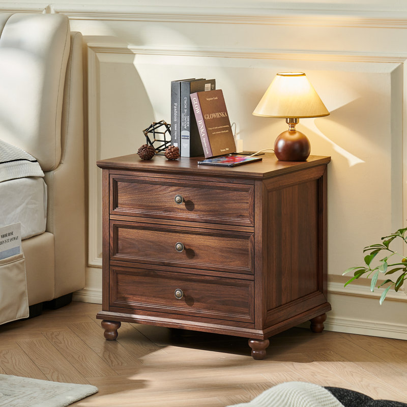 Farmhouse Nightstand With Charging Station, 24" Wide End Table With 3 Drawers,Wood Dresser Cabinet For Bedroom, Bed Side Table Chest Of Drawers,Night Stand For Living Room, Closet