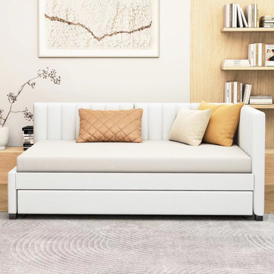 Beige Linen Upholstered Daybed With Twin Size Removable Trundle, No Box Spring Needed Truly Twin, Linen, Spring, Long-term Durability