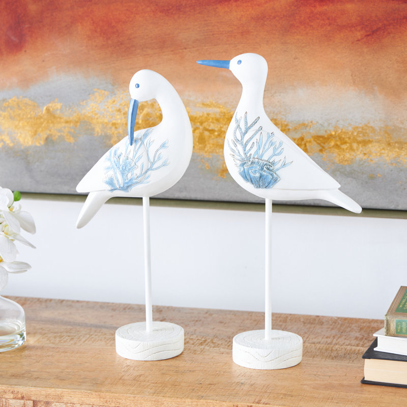 Sculpture d'oiseau en polystone Cole et gris avec motifs de corail bleu et bases en bois