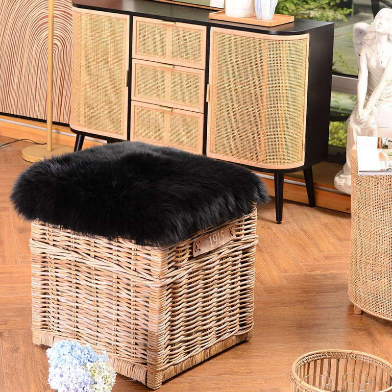 Sheepskin Chair Cushion Non-Slip Back Square Genuine Fur Chair Cover Silky Natural Wool Seat Cushion Pad Soft Area Rugs Carpet, Pack Of 1, Black