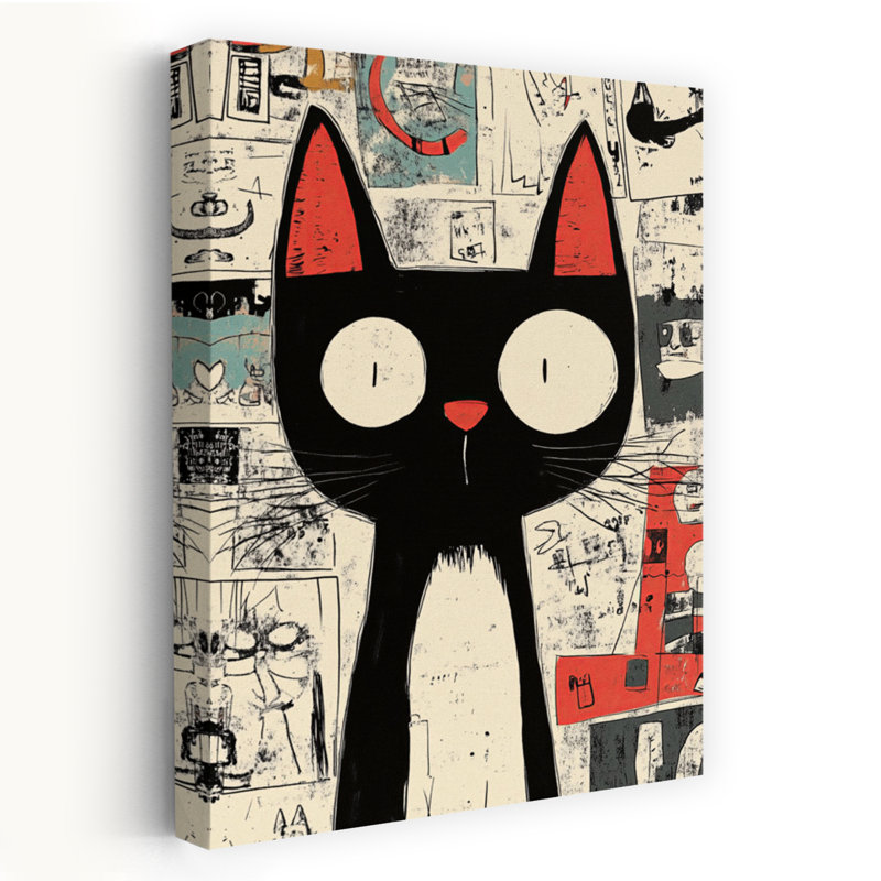 Art mural abstrait de chat noir à gros yeux, H 24 po x l 16 po