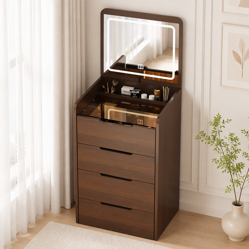 Coiffeuse 3 en 1 à plateau rabattable avec miroir DEL et plateau en verre, Walnut