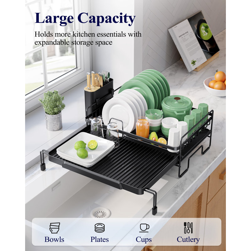 Extendable Dish Drying Rack - Adjustable Length 12.8"–21.0", Auto-Draining Dish Rack for Kitchen Counter, Rust-Resistant Metal Frame Over-Sink Support for Plates, Bowls & Utensils, Black