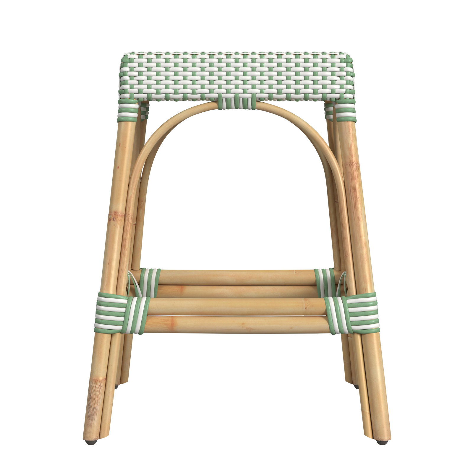 Lennart Bar Stool, White/Green Dot/ Natural Rattan Frame, Counter Stool (24.5" Seat Height)