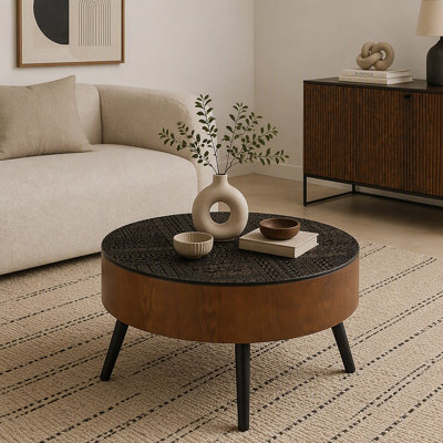 Table basse 31,5 "ronde sculptée avec espace de rangement, table à thé en bois de style Mid-Century moderne pour salon, appartement, bureau, noir et brun.