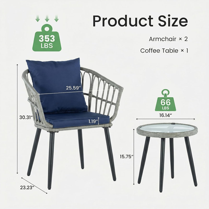 Patio Bistro Set with Cushions, Outdoor Wicker Furniture Set with Tempered Glass Table for Patio, Backyard, Deck, Blue Gray