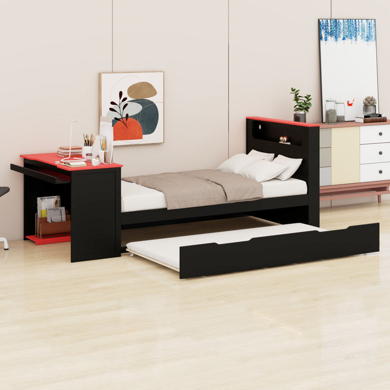 Modern Wood Daybed with Trundle & Integrated Desk - LED Light + USB Charging, Twin, Black+Red