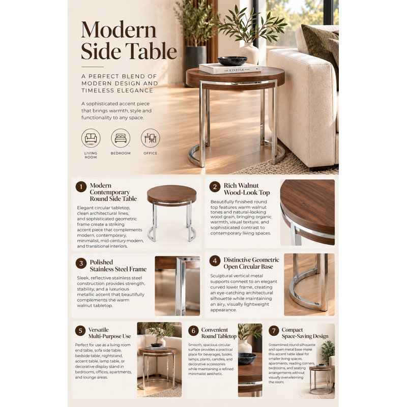 Modern Round Wood Side Table with Polished Stainless Steel Geometric Base – Contemporary Accent End Table for Living Room, Bedroom, or Office – Available in Walnut or White
