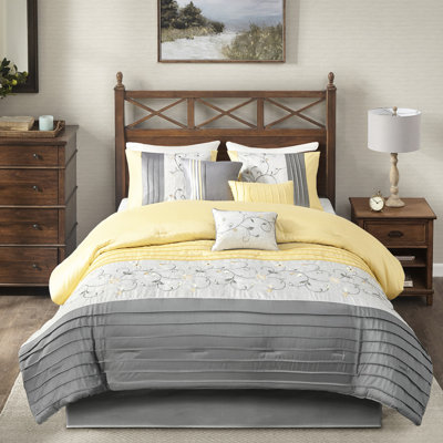 Édredon 7 pièces pour grand lit jaune - style brodé, lavable à la machine, fer à repasser à vapeur, rembourrage plissé, coussins décoratifs et jupe de lit inclus