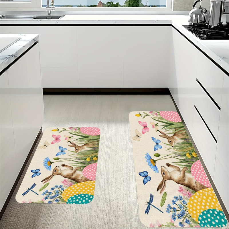 Tapis de cuisine antidérapant à motif floral lapin de Pâques, 2 pièces