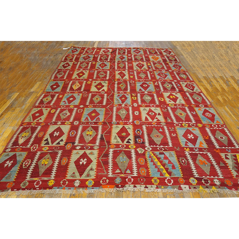 Graphic Tribal Geometric Antique Red Turkish Kilim Flatweave Rug
