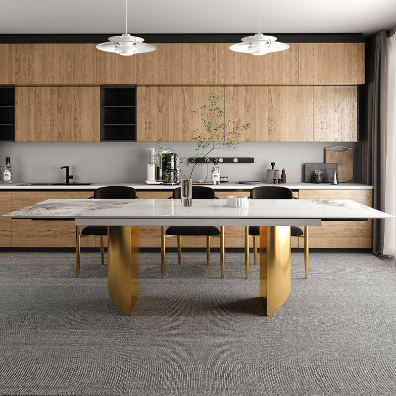 Modern 63" To 94.48" Extendable Sintered Stone Dining Table With Metal Legs , Seats 8-10, Chanel White, Gold