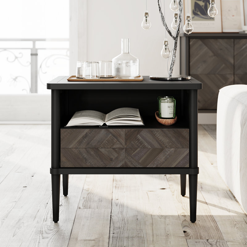 Cartlin Mid-Century Solid Wood Nightstand with Chevron Front & Open Shelf - Acacia, Mystic Finish, Mocha